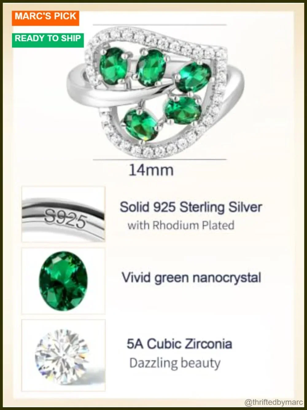 925 Sterling Silver Green Emerald Leaf Ring for Women